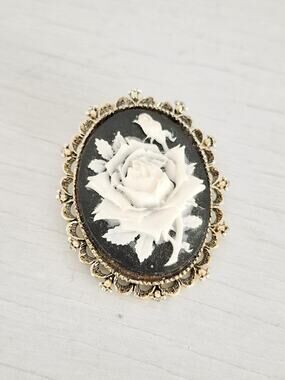Vintage Gerrys Black and White Floral Resin Cameo Brooch